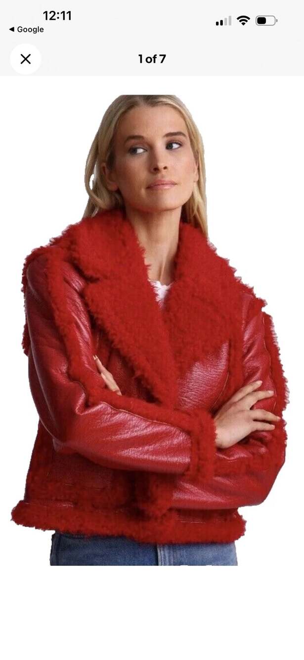 7 For All Mankind Stella Red Vegan Leather Faux Shearling Cropped Jacket